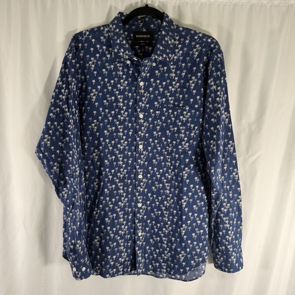 Bonobos Slim Fit Dress Shirt Men's Large Blue Palm Print Long Sleeve Button Up